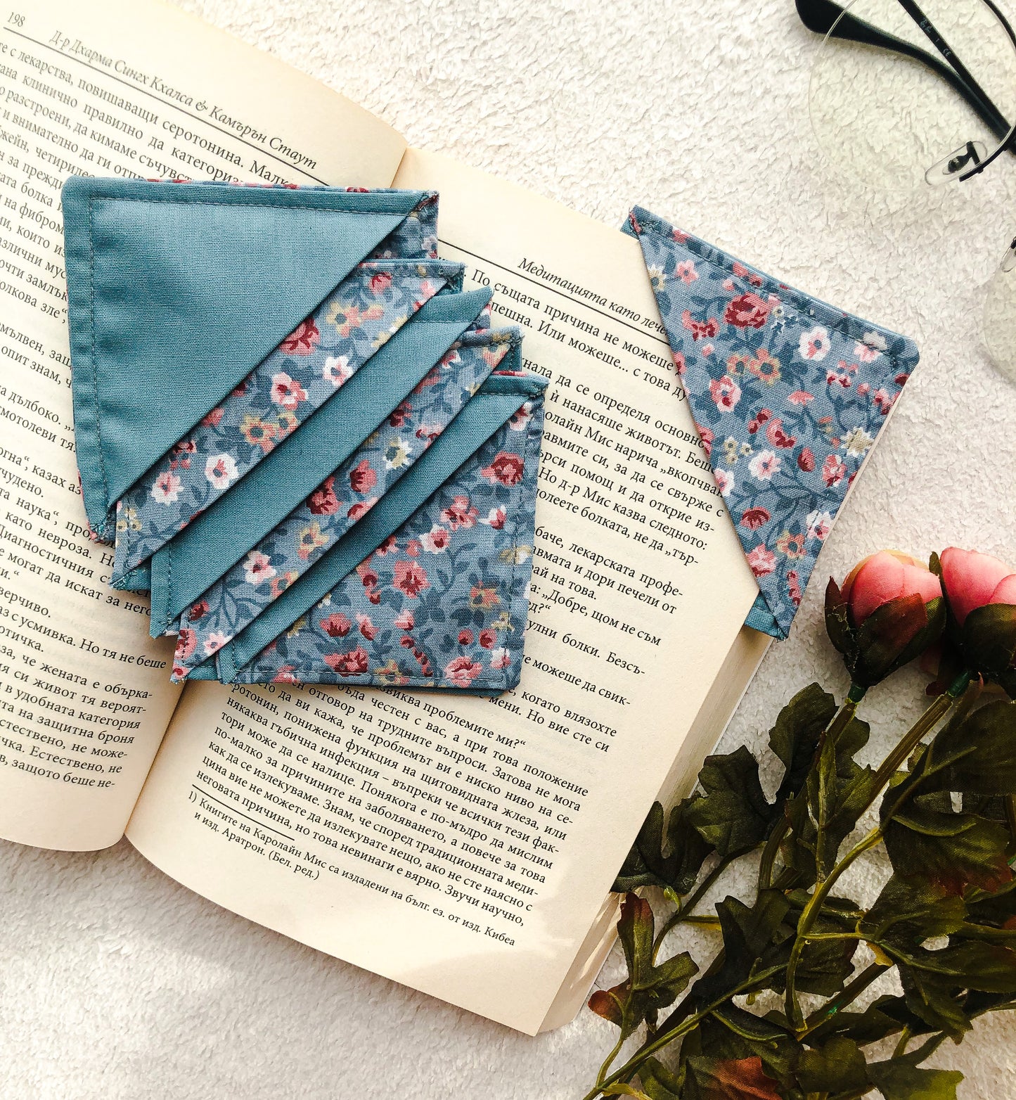 Fabric Floral Corner Bookmark, Front Side