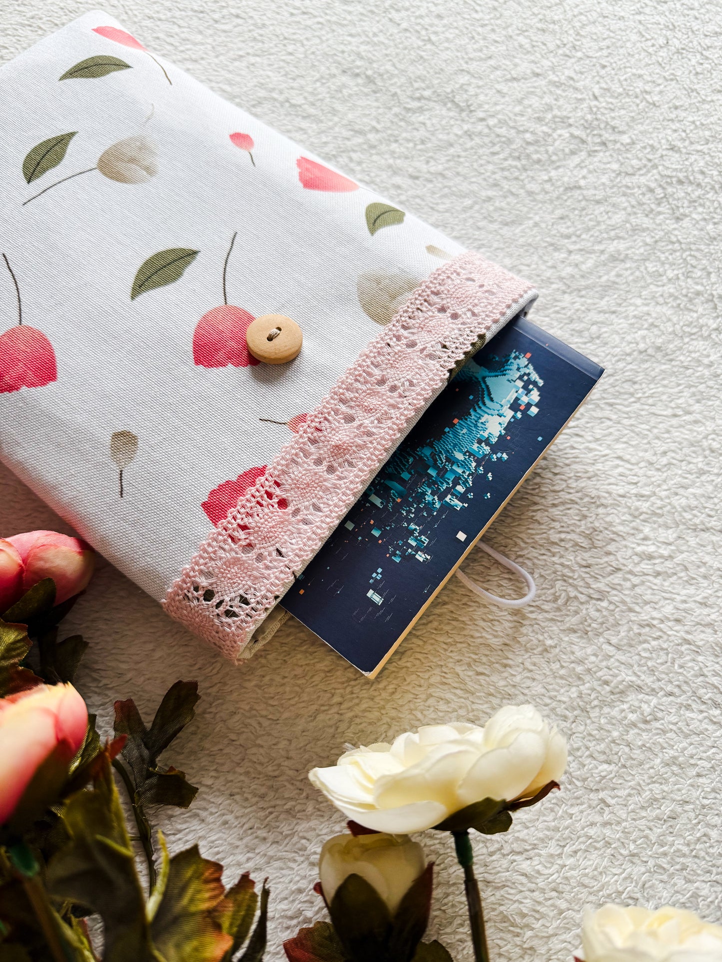 Pink Lace Floral Book Sleeve, From Above