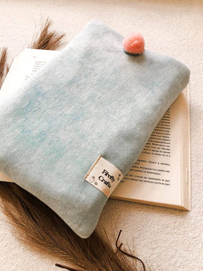 Blue Pom-Pom Book Pouch, Front View Closer 