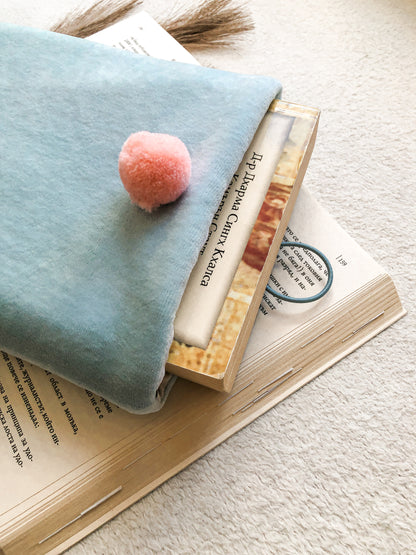 Blue Pom-Pom Book Pouch, Side View 