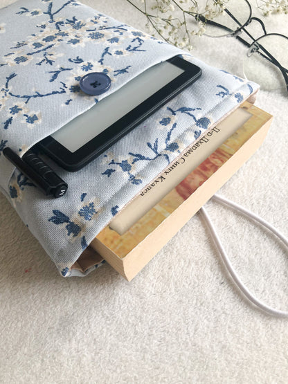 Blue Blossom Book Pouch with pocket for Kindle, Upside Down