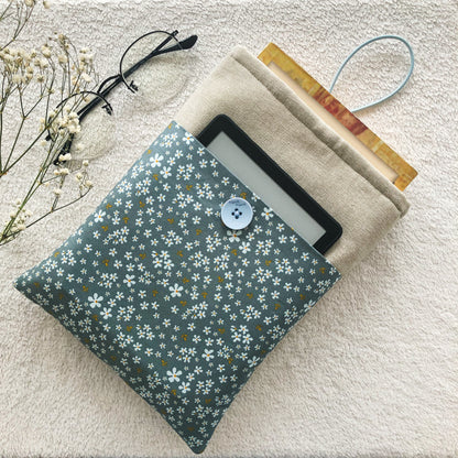 Blue Floral Book Pouch with pocket for Kindle, Front side