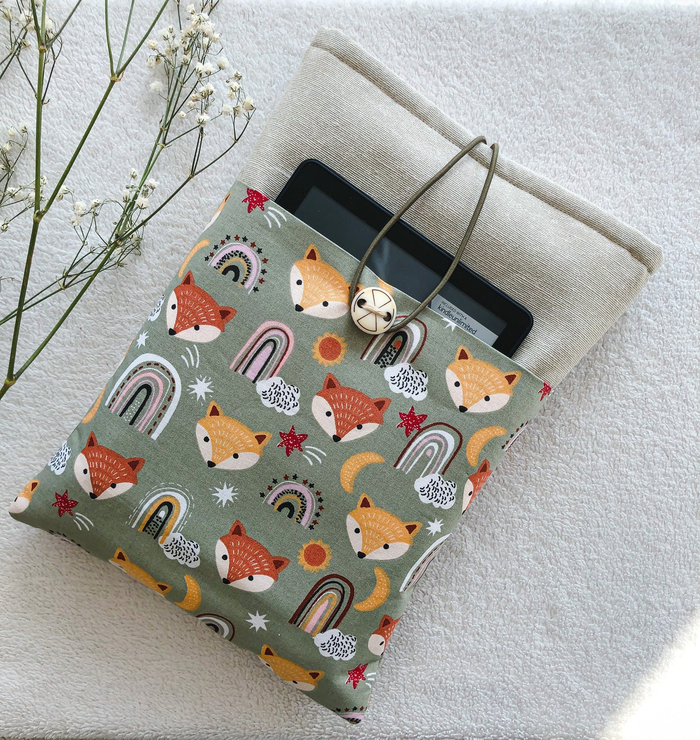 Boho Fox Book Pouch with pocket for Kindle, Front Side