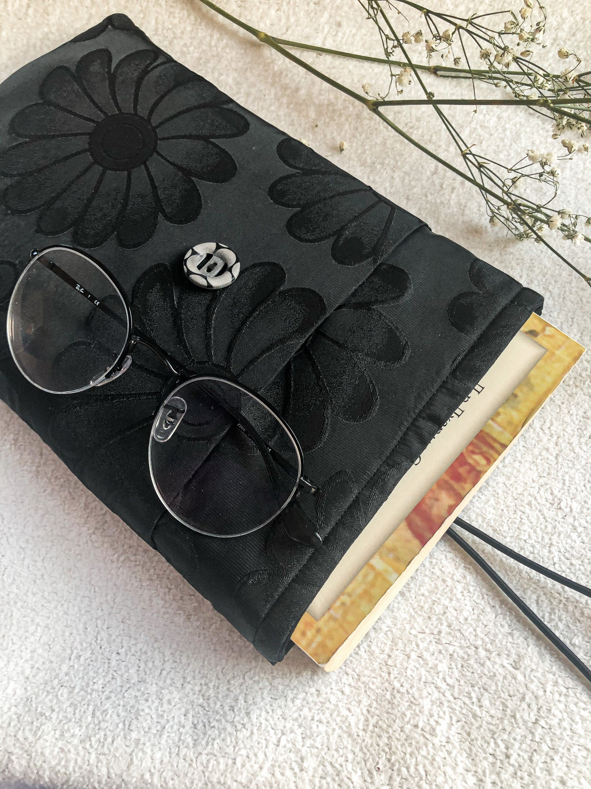 Black Flowers Book Pouch with pocket, Upside Down