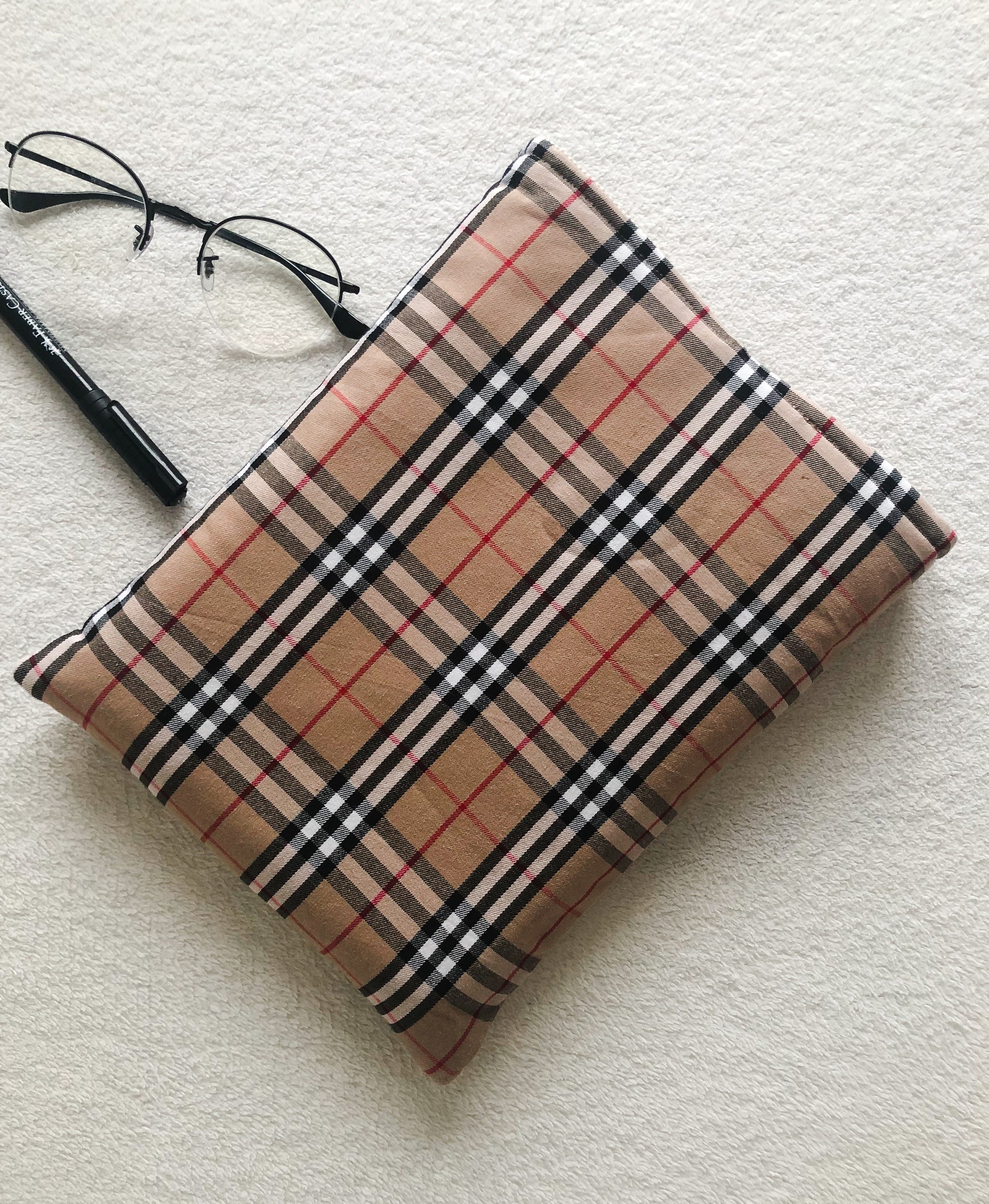 Beige Plaid Book Pouch, Back Side