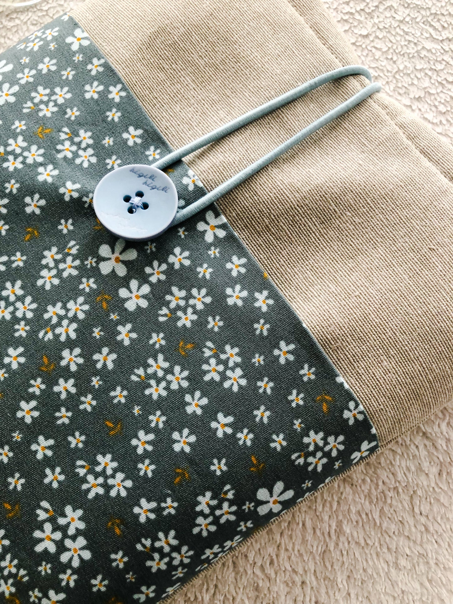 Blue Floral Book Pouch, Side close up view