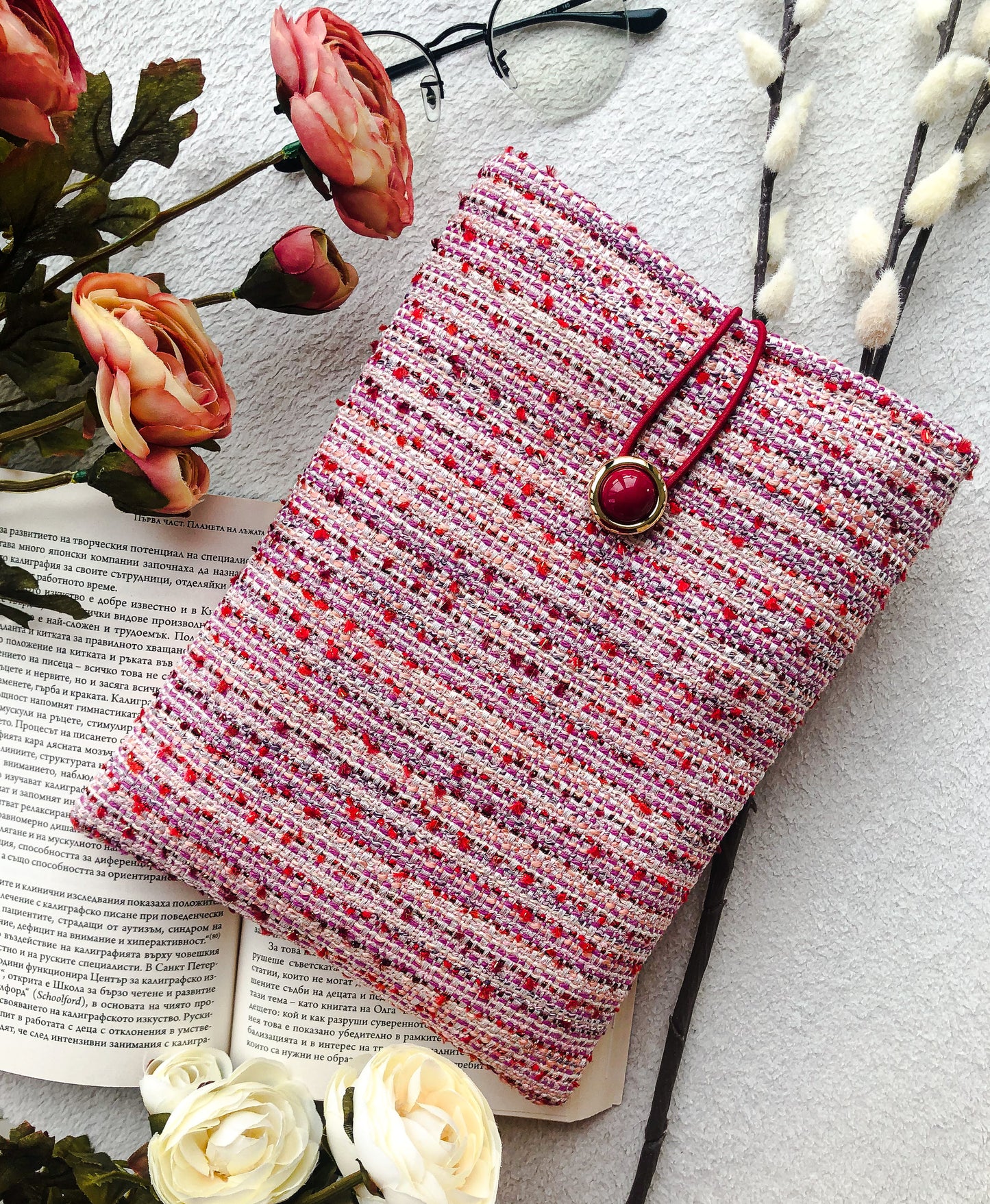 Pink Boucle Book Pouch, Front Side