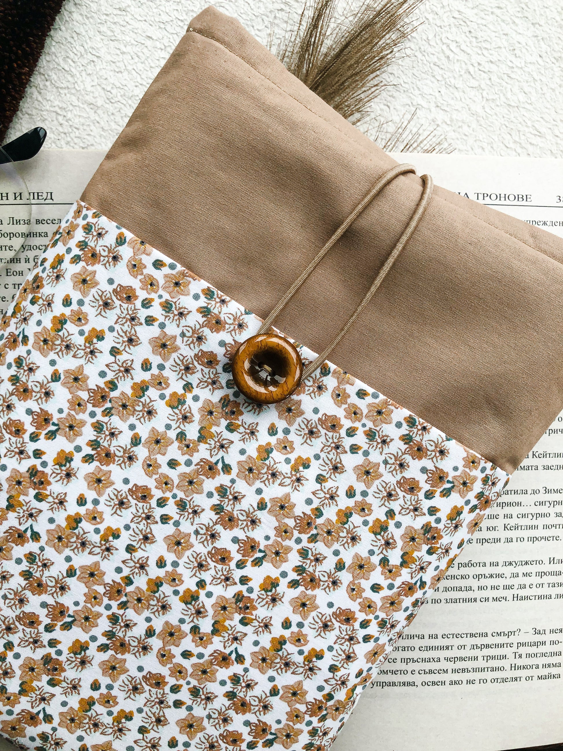 Boho Brown Floral Book Pouch, Close Up