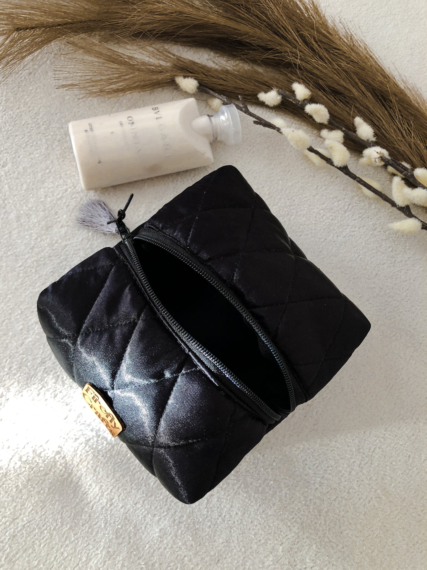 Quilted Black Satin Makeup Bag, From Above
