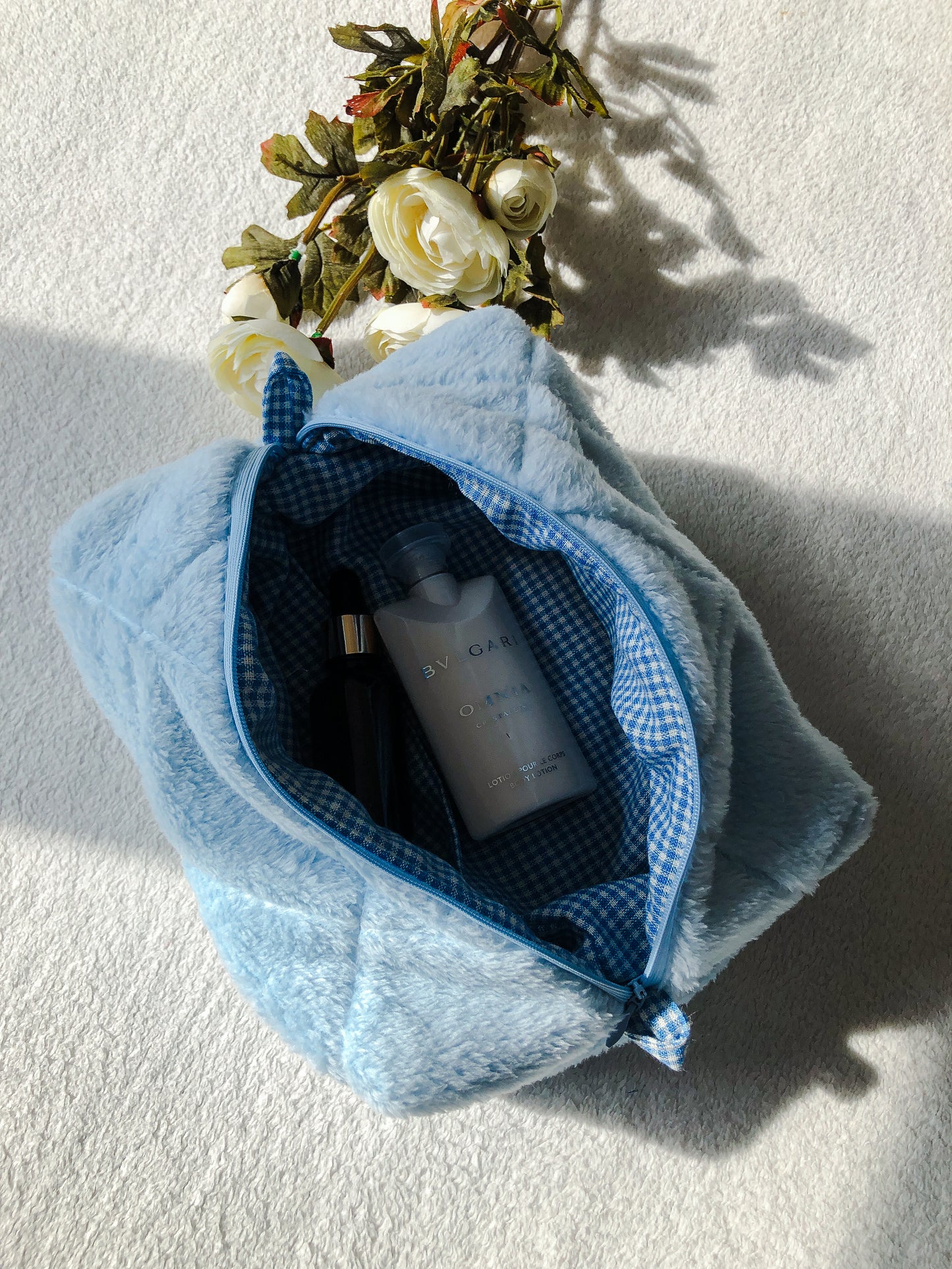 Blue Quilted Makeup Bag, From Above