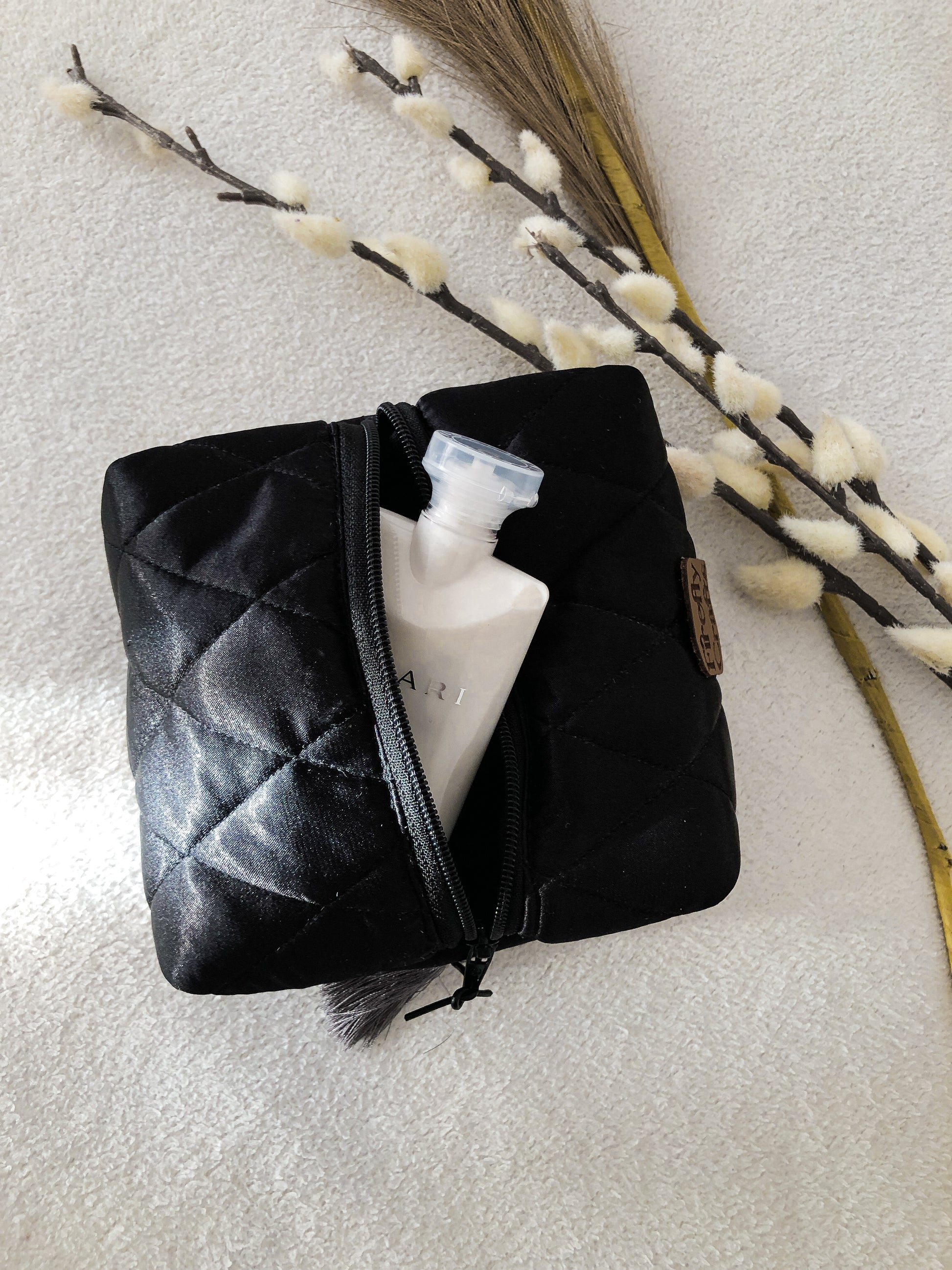 Quilted Black Satin Makeup Bag, Close Up