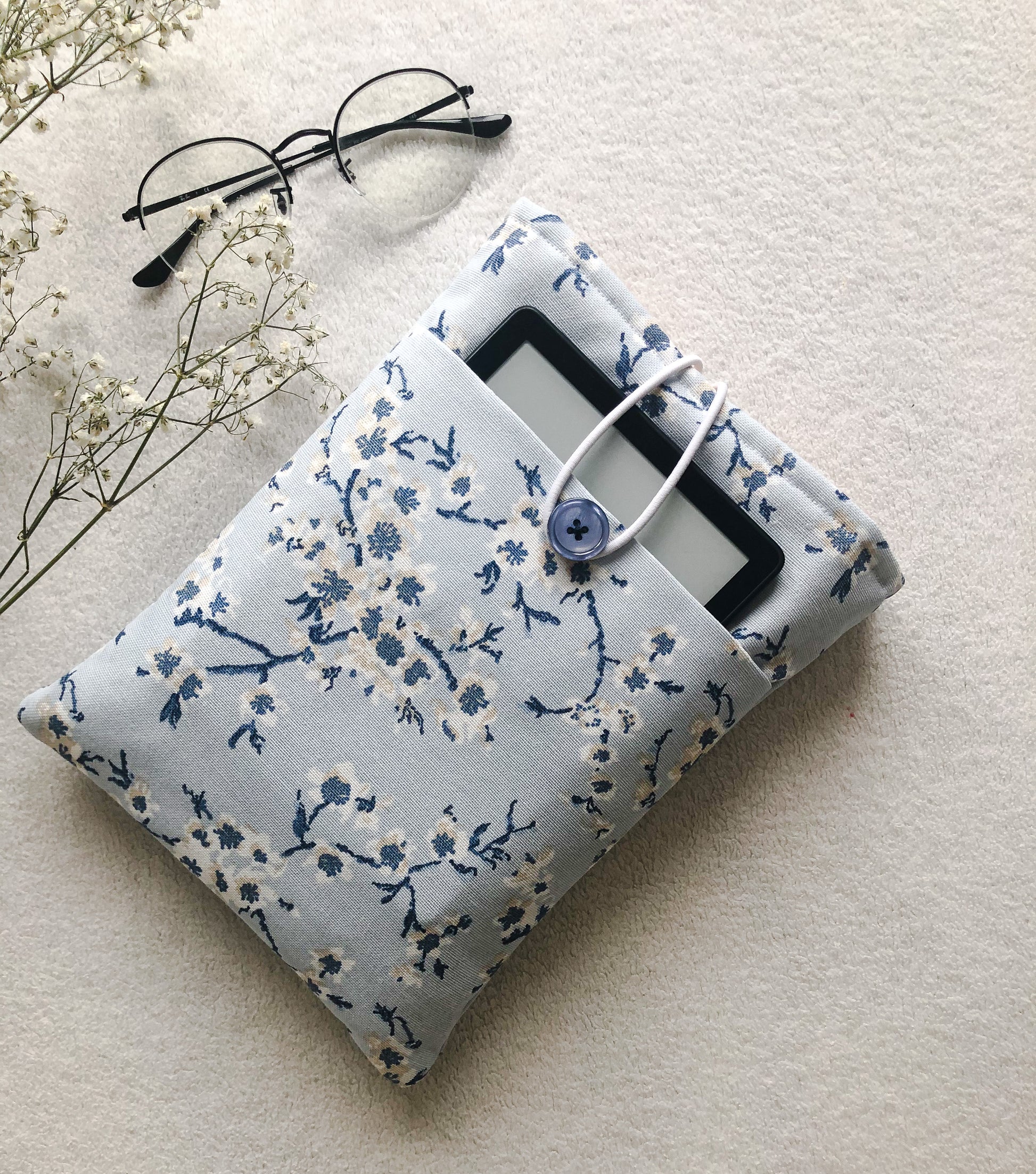 Blue Blossom Book Pouch with pocket for Kindle, Front Side