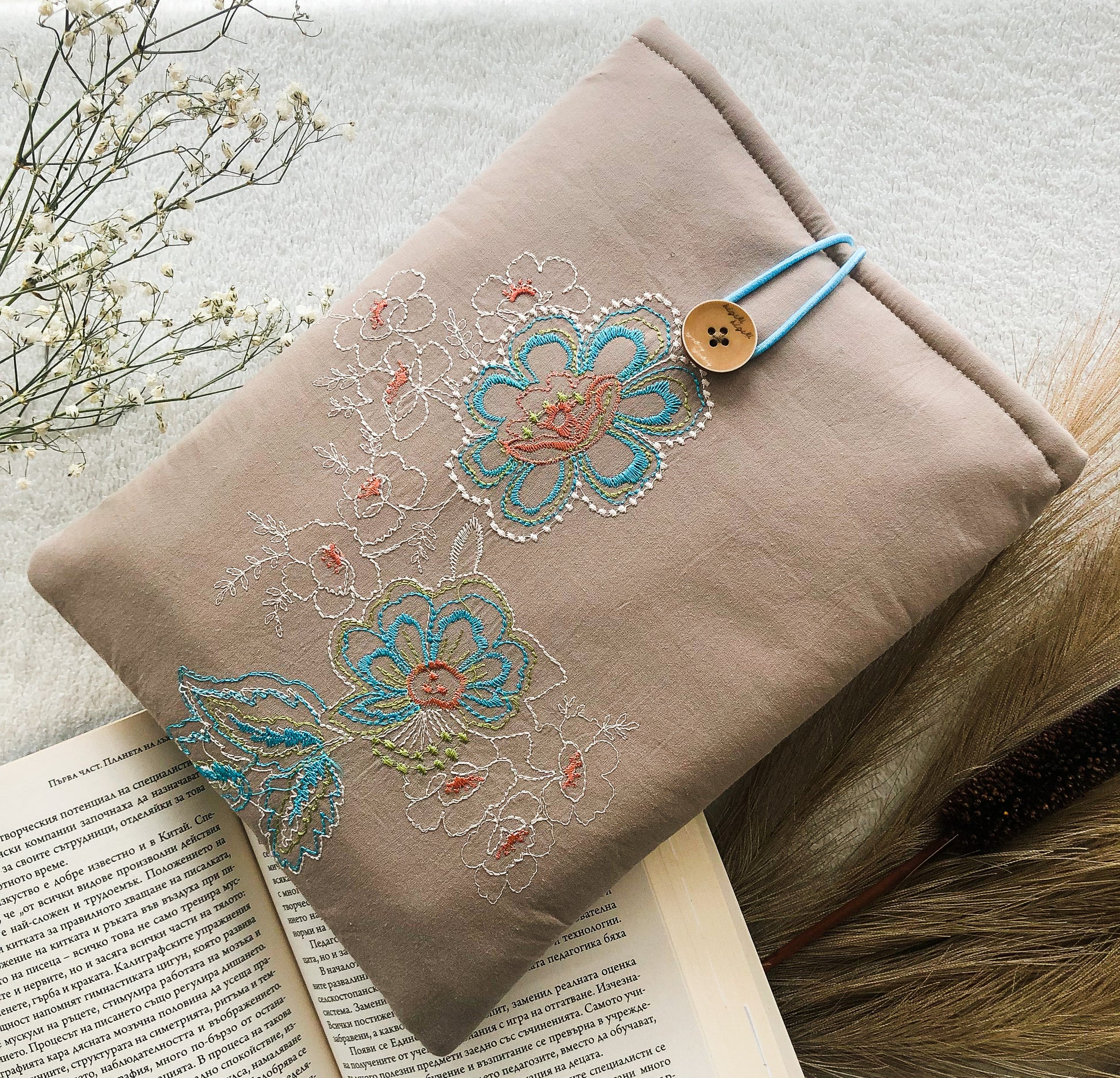 Embroidered Flowers Book Pouch, Front Side