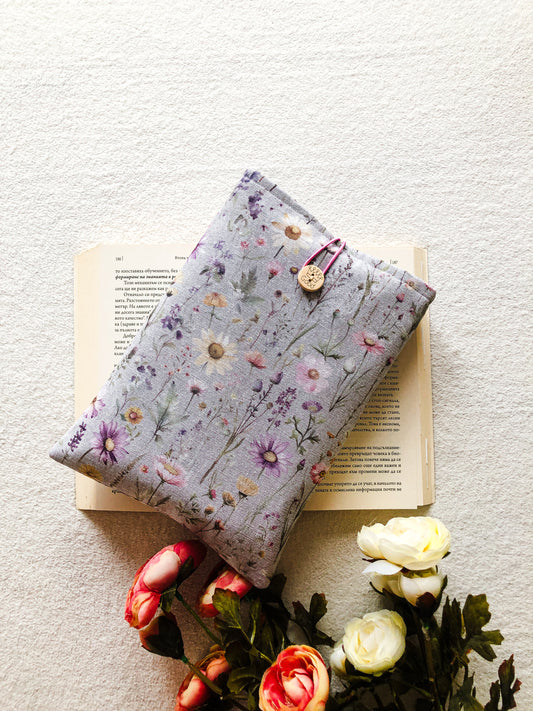 Grey Floral Book Pouch, Front Side 