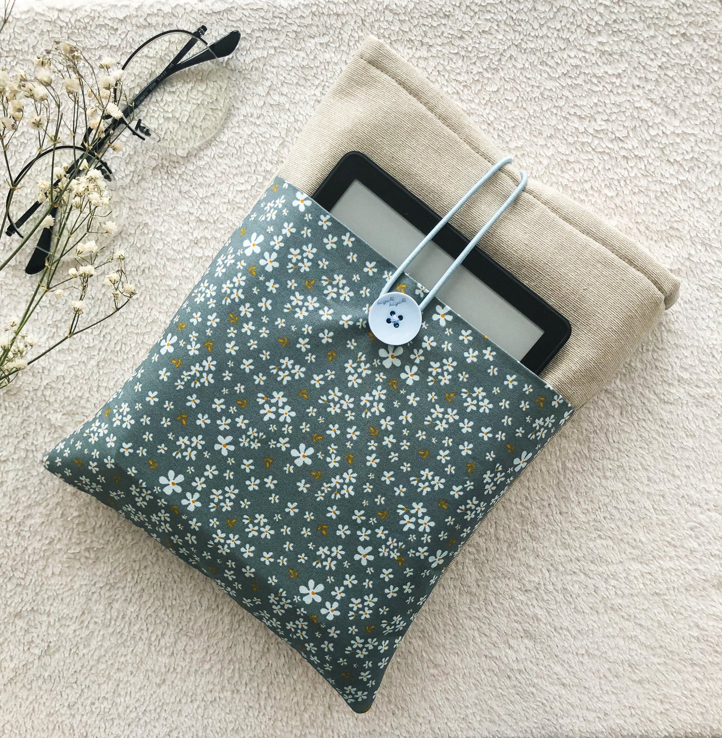 Blue Floral Book Pouch with pocket for Kindle, Front Side