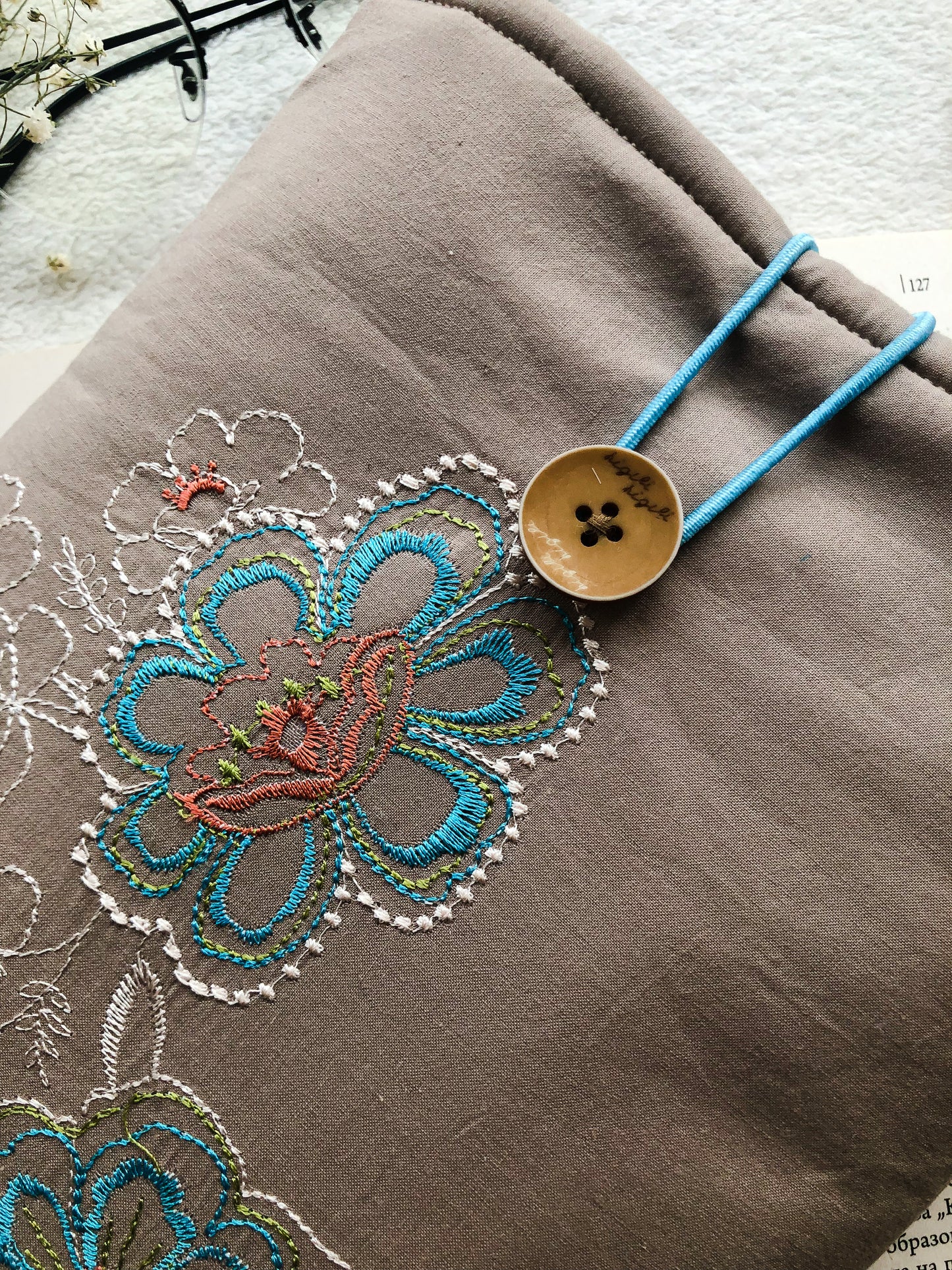 Embroidered Flowers Book Pouch, Close Up