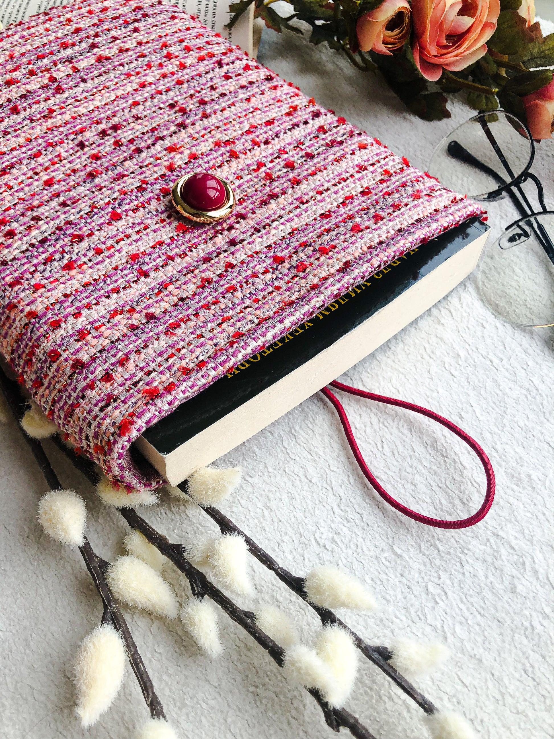 Pink Boucle Book Pouch, from above upside down