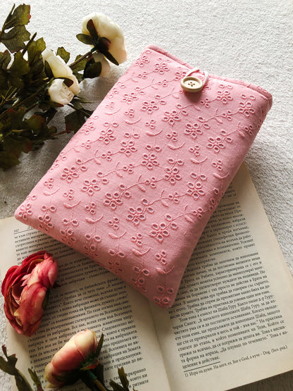 Pink Flower Embroidery Book Pouch, Front View Closer