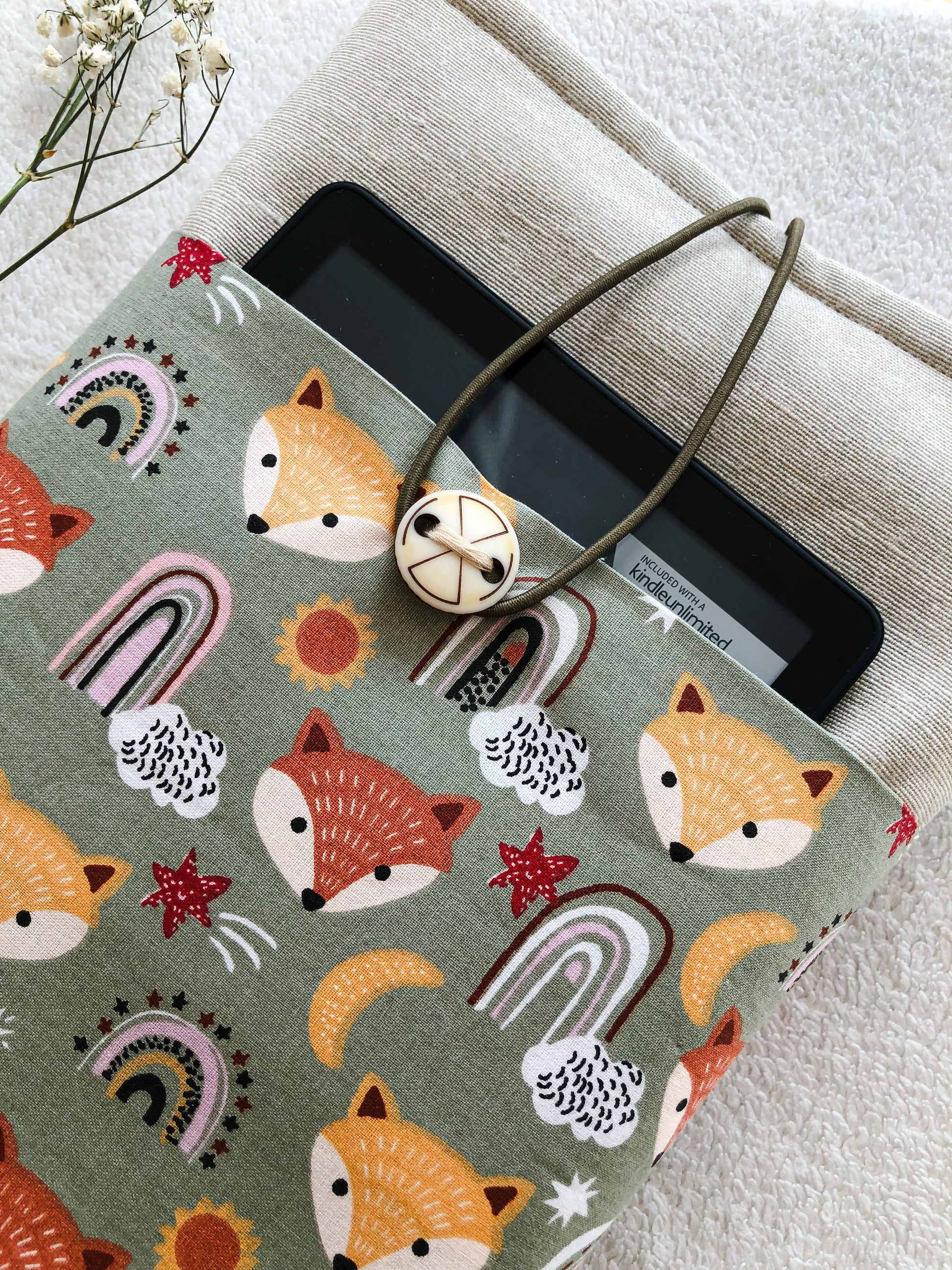 Boho Fox Book Pouch with pocket for Kindle, Closer Front Side