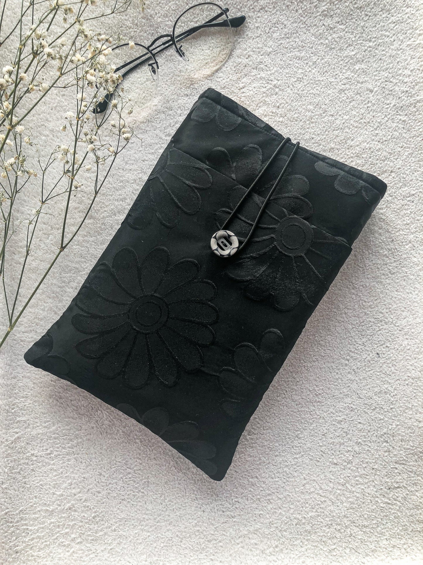 Black Flowers Book Pouch, Front Side