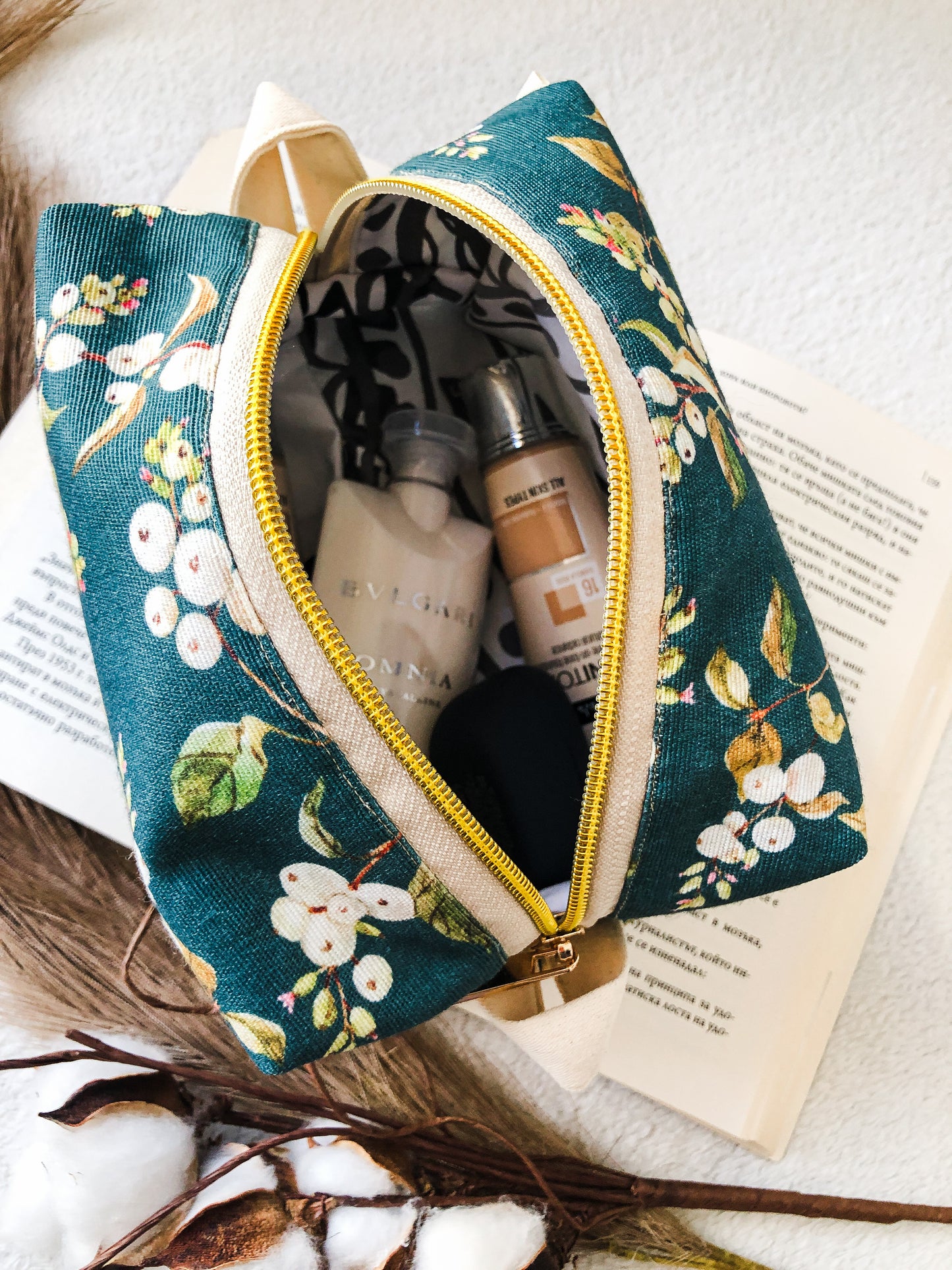 Blue Floral Makeup Bag, From Above