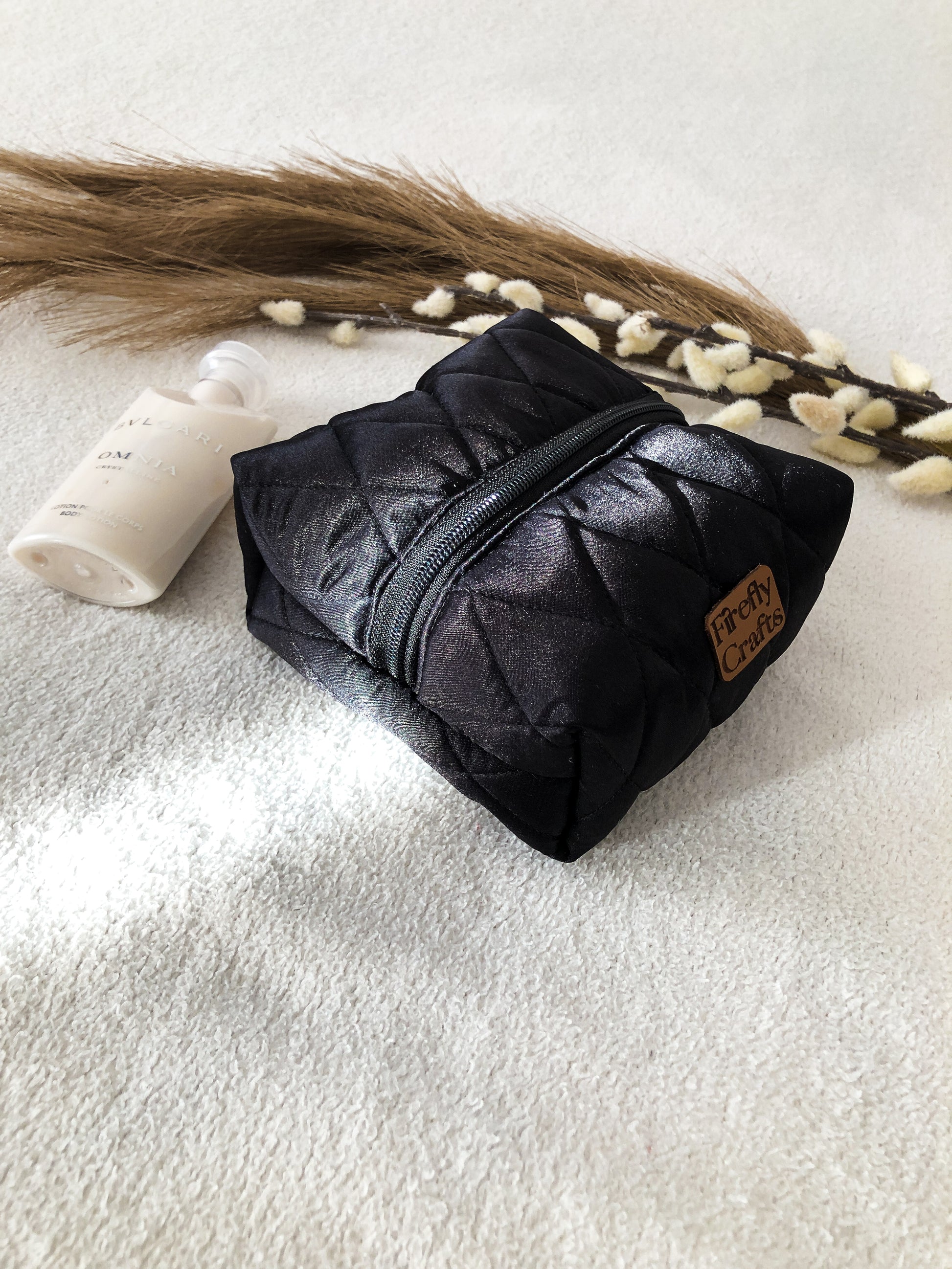 Quilted Black Satin Makeup Bag, From the Side