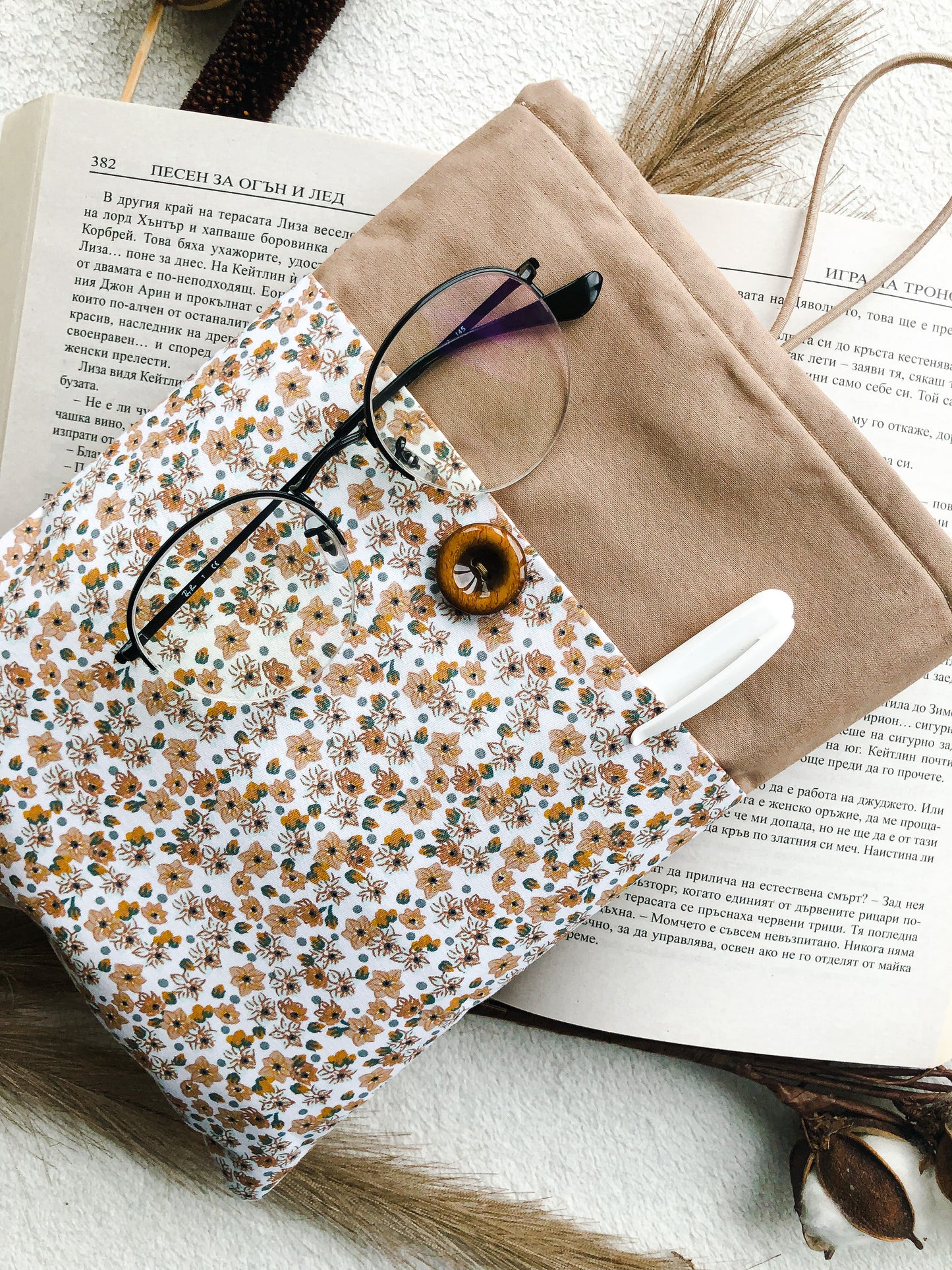 Boho Brown Floral Book Pouch with pocket, Closer Front side