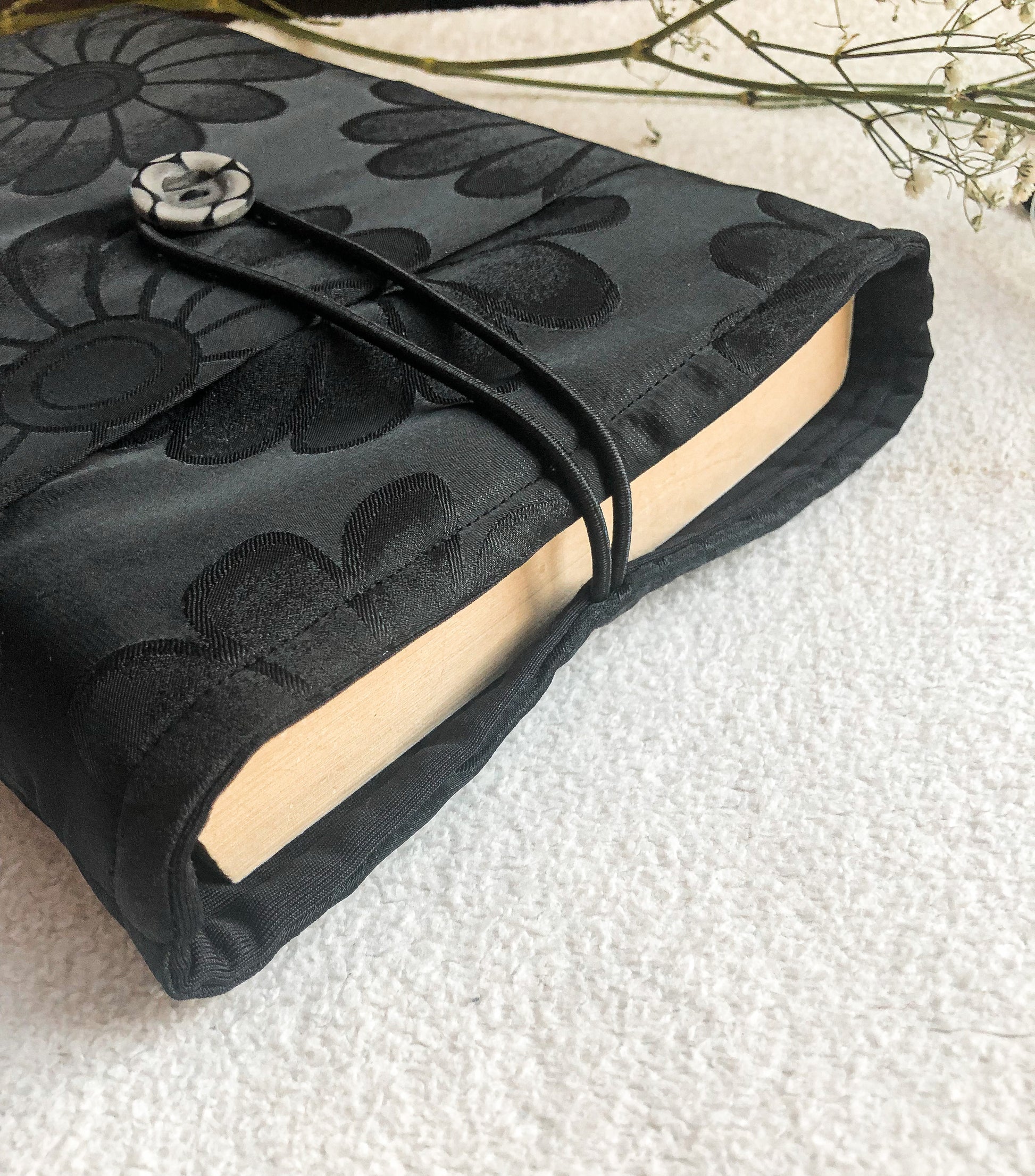 Black Flowers Book Pouch, Upside Down Close Look