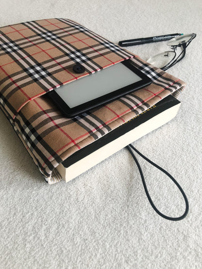 Beige Plaid Book Pouch with pocket for Kindle, Uside Down View